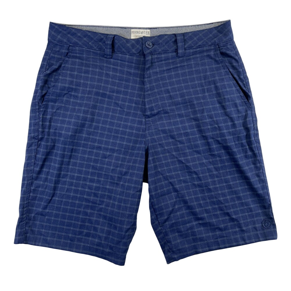 Hang Ten Chino Shorts Mens 34 Blue Check Stretch Microfiber 10 Inseam Casual